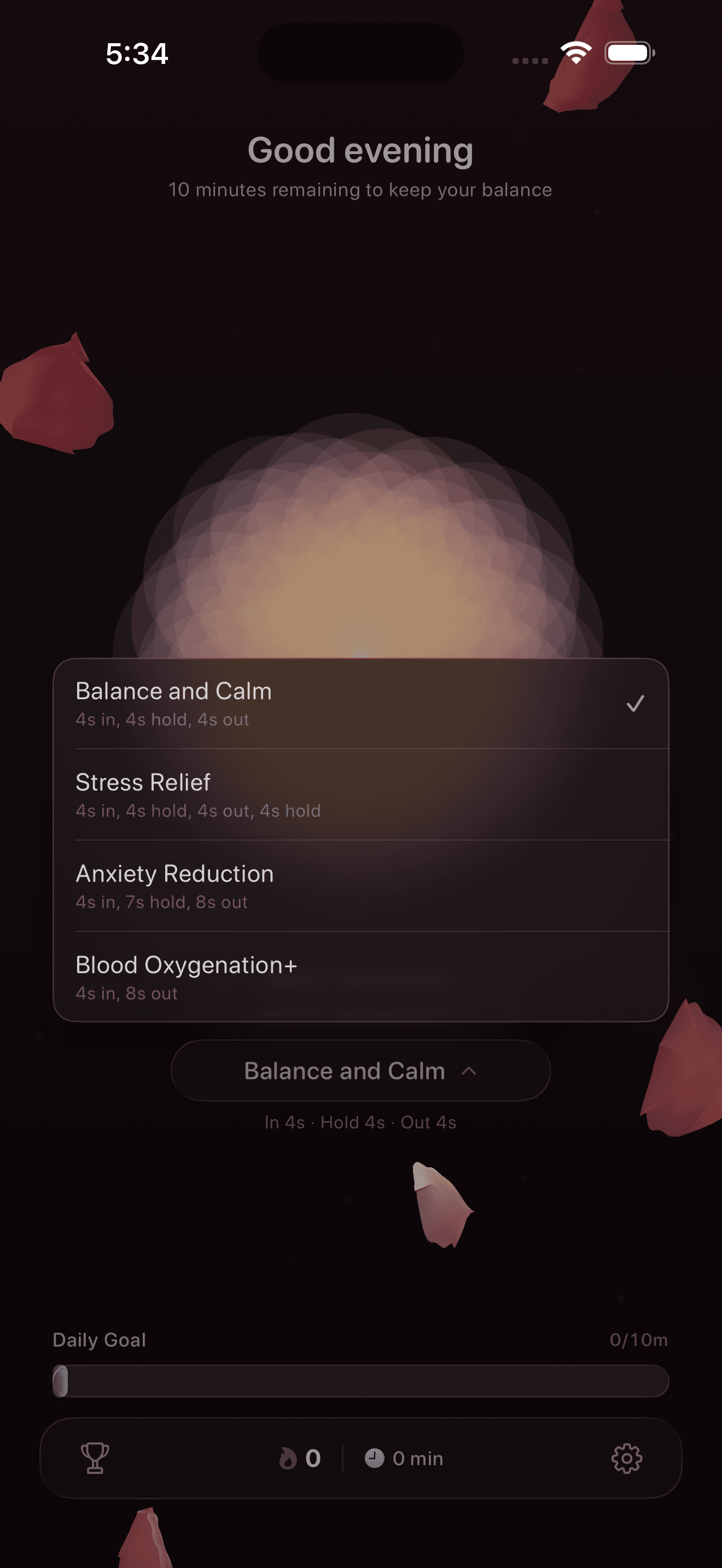 Chillaxly breathing mode picker showing four science-backed patterns on the Rose theme